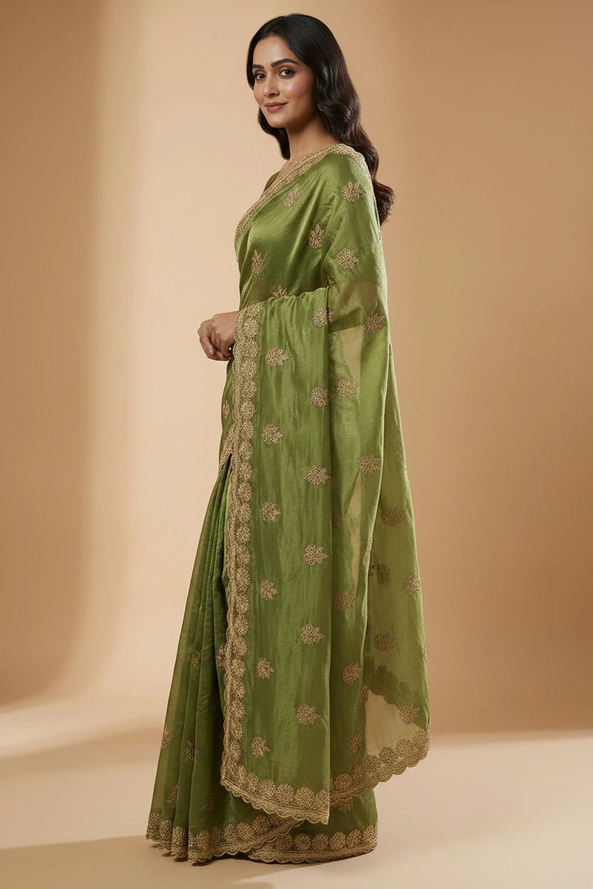 Tissue Embroidered Saree with Mirror Embroidery for Cocktail Night