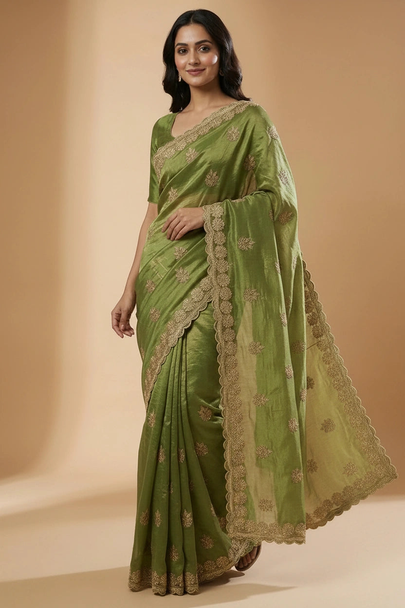 Tissue Embroidered Saree with Mirror Embroidery for Cocktail Night
