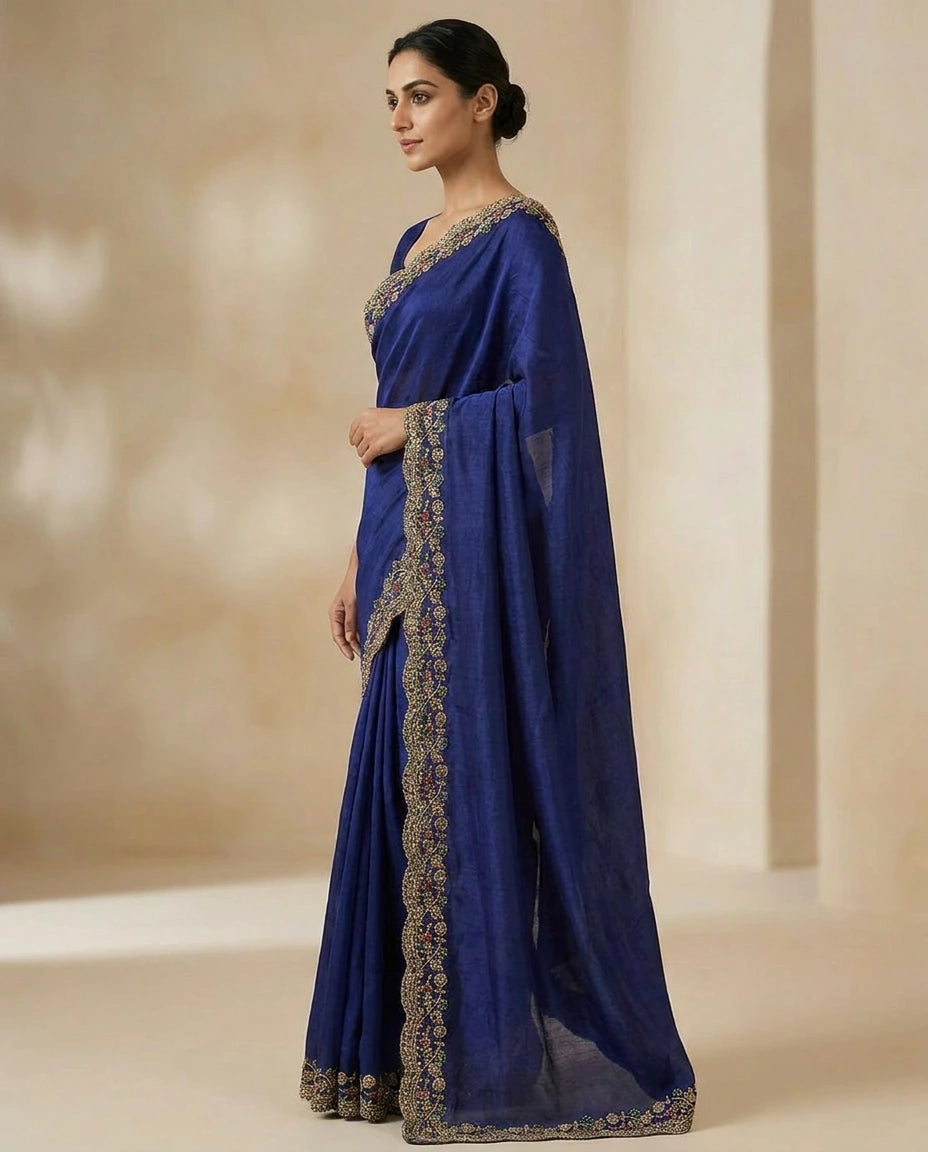 Satin Saree with Floral Resham Thread Embroidery Border view 3