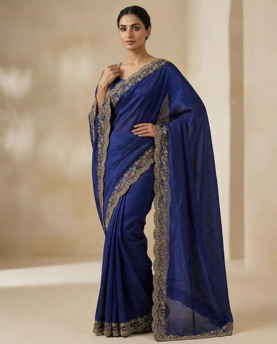 Satin Saree with Floral Resham Thread Embroidery Border view 4