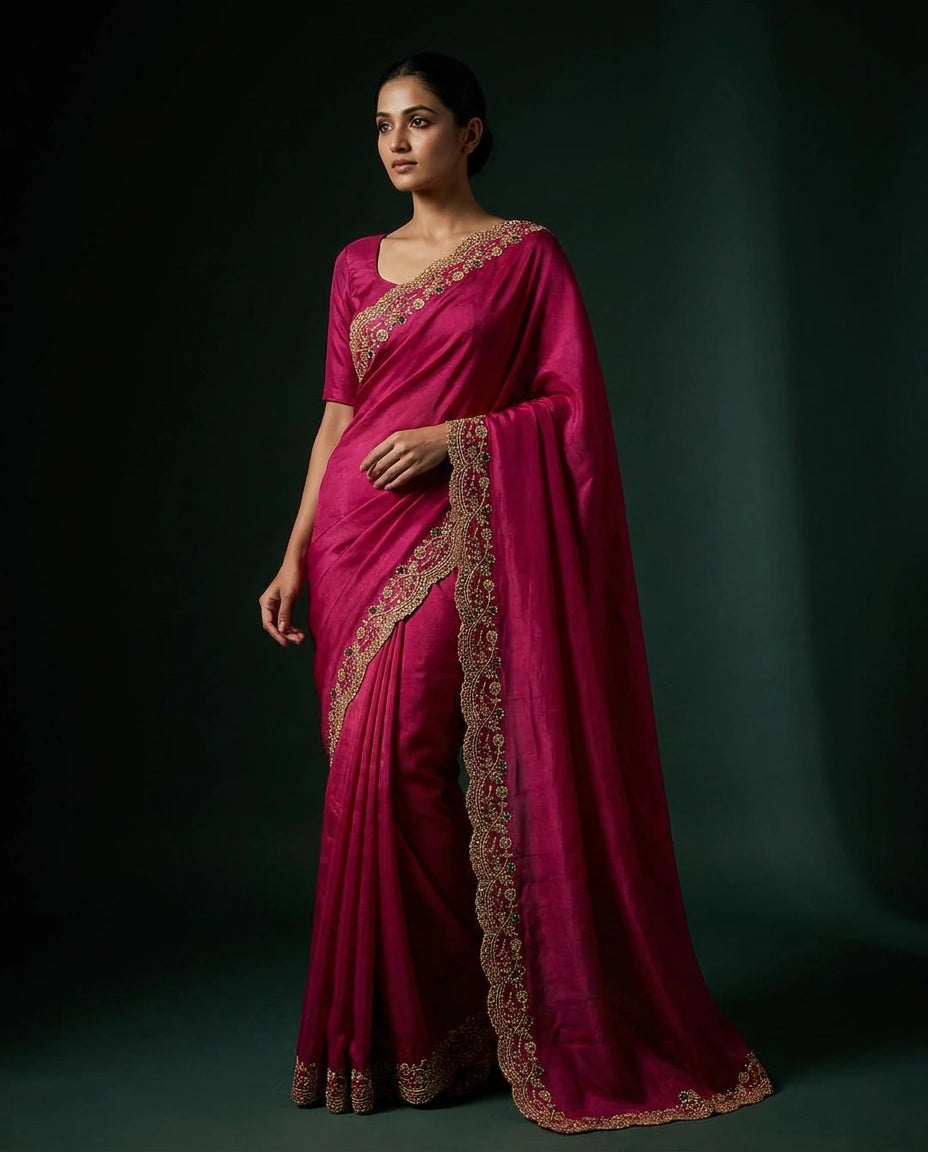 Satin Saree with Floral Resham Thread Embroidery Border view 5