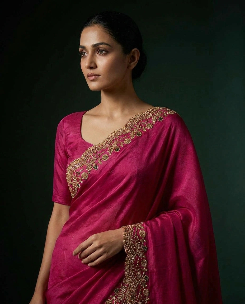 Satin Saree with Floral Resham Thread Embroidery Border
