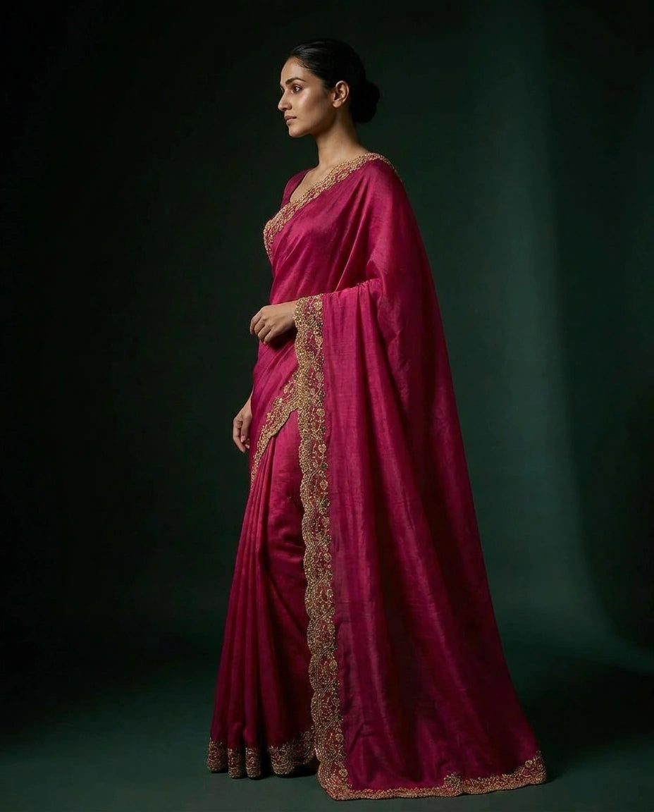 Satin Saree with Floral Resham Thread Embroidery Border by Rangoli