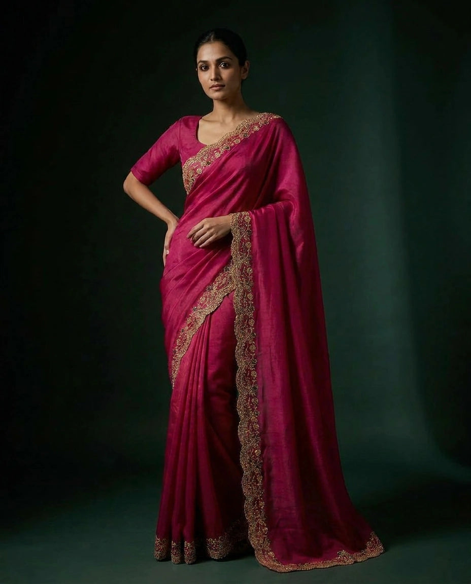 Satin Saree with Floral Resham Thread Embroidery Border by Rangoli
