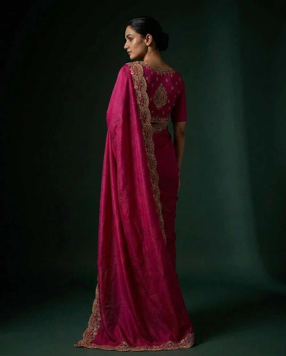 Satin Saree with Floral Resham Thread Embroidery Border