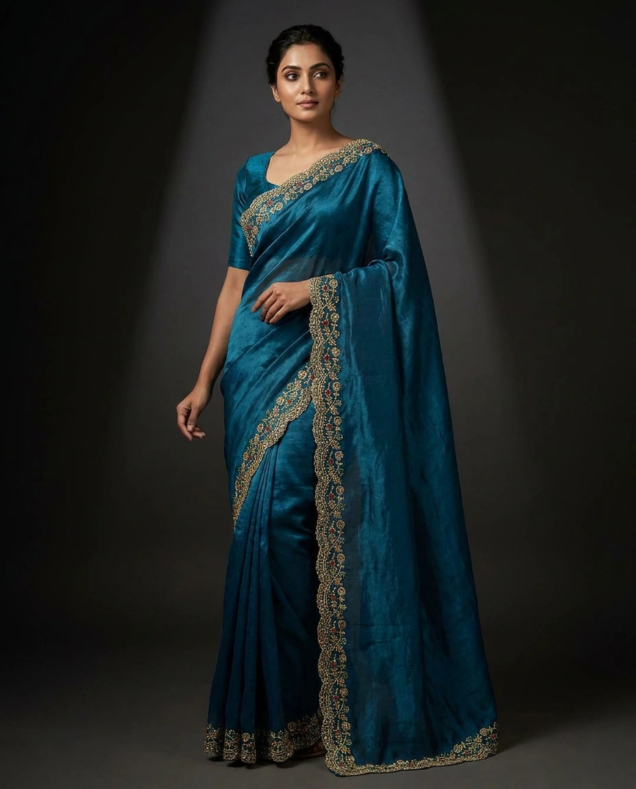 Satin Saree with Floral Resham Thread Embroidery Border by Rangoli