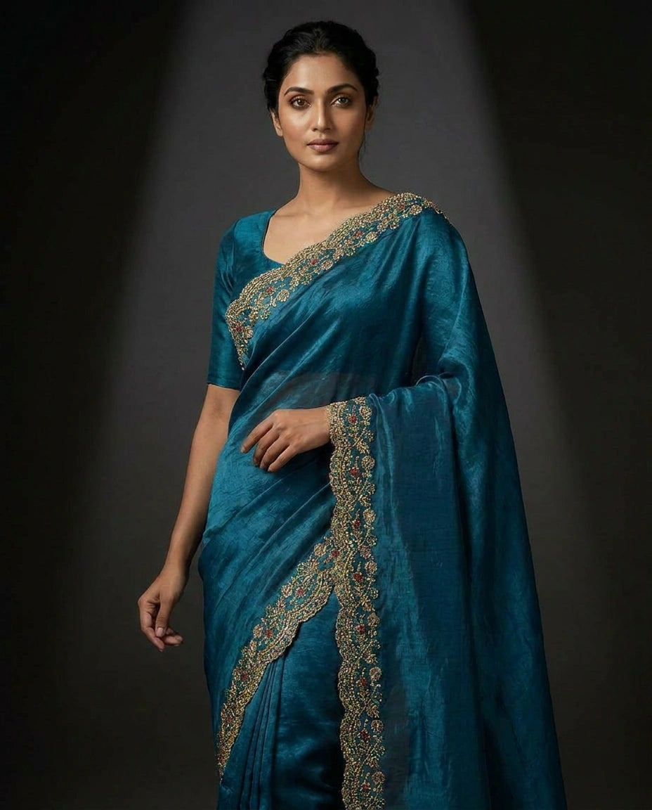 Satin Saree with Floral Resham Thread Embroidery Border by Rangoli