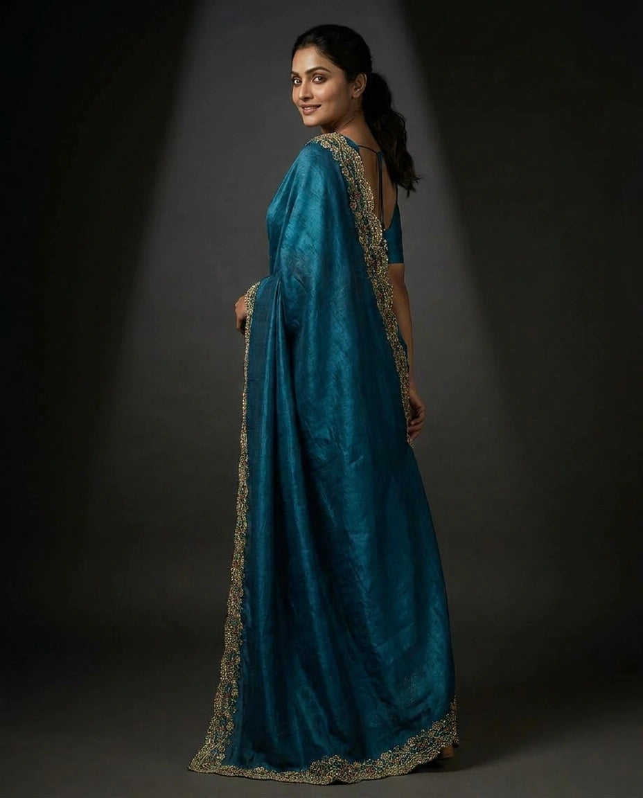 Satin Saree with Floral Resham Thread Embroidery Border by Rangoli