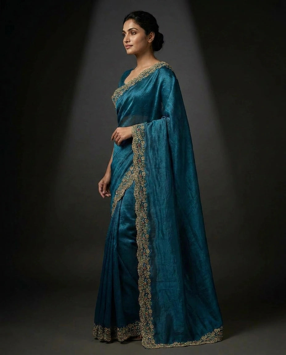 Satin Saree with Floral Resham Thread Embroidery Border by Rangoli