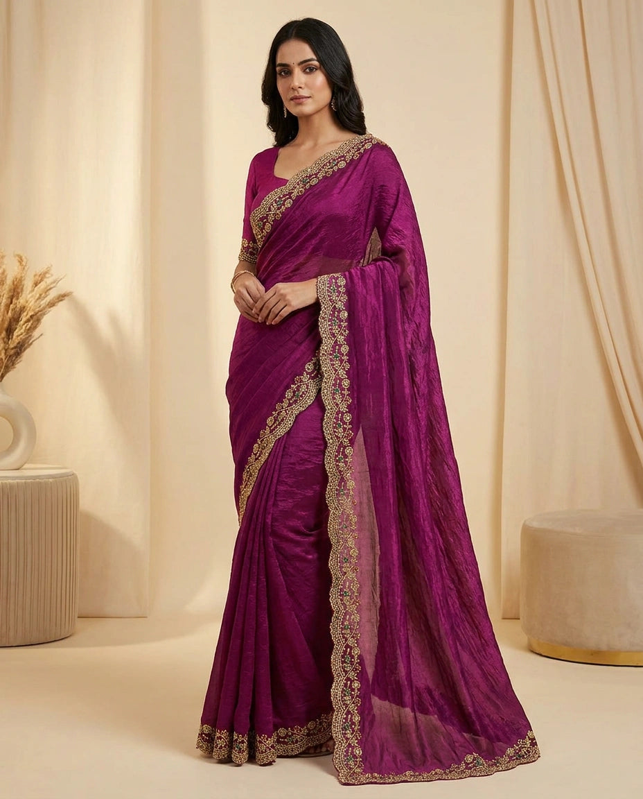 Satin Saree with Floral Resham Thread Embroidery Border by Rangoli