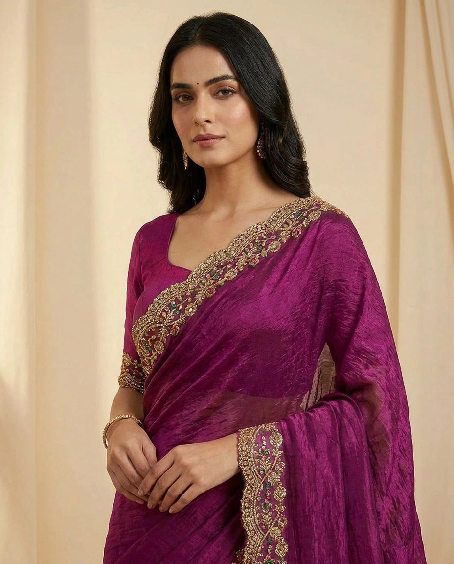 Satin Saree with Floral Resham Thread Embroidery Border by Rangoli