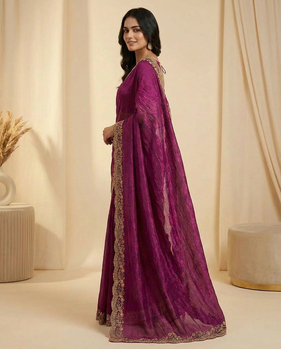 Satin Saree with Floral Resham Thread Embroidery Border by Rangoli