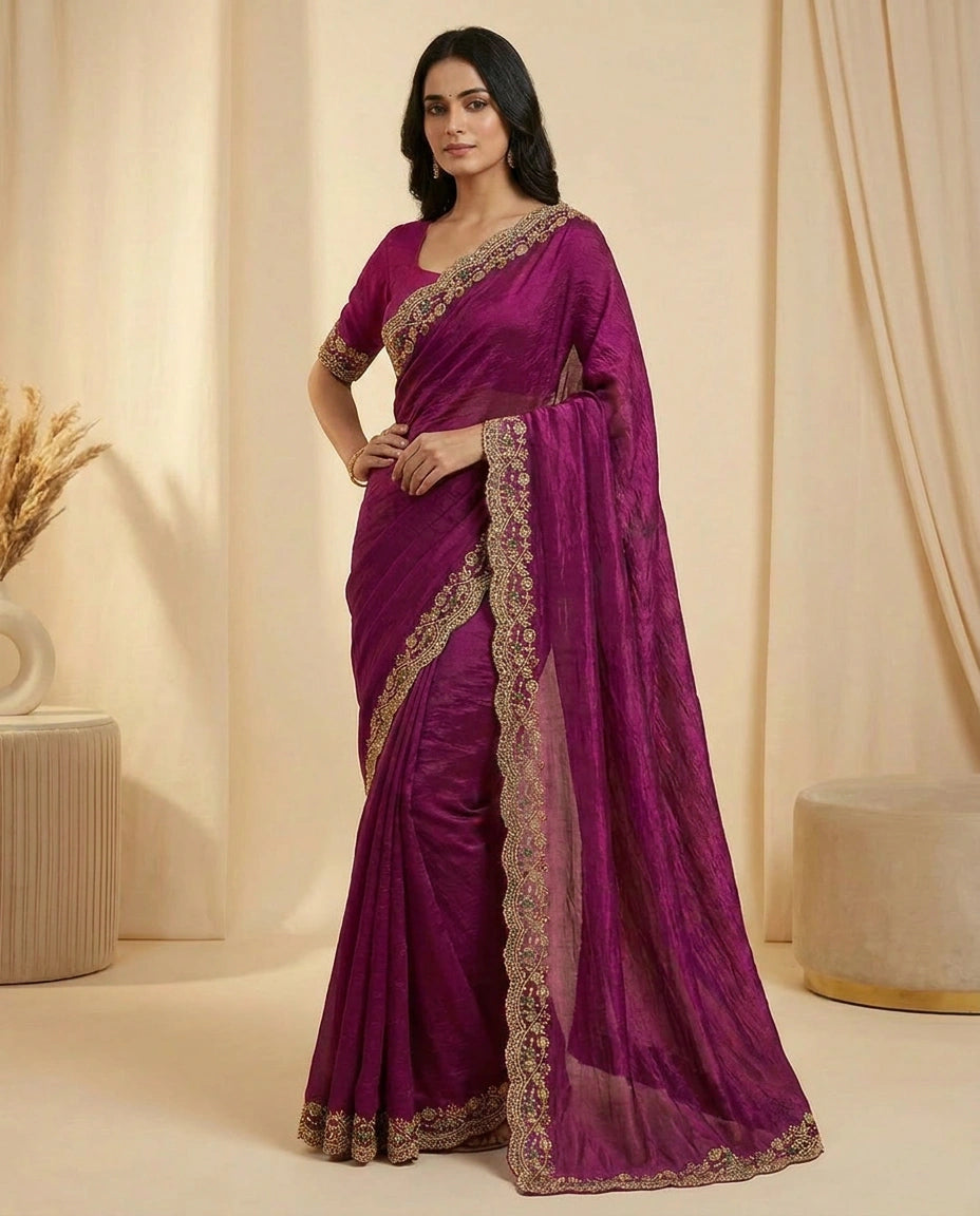 Satin Saree with Floral Resham Thread Embroidery Border by Rangoli
