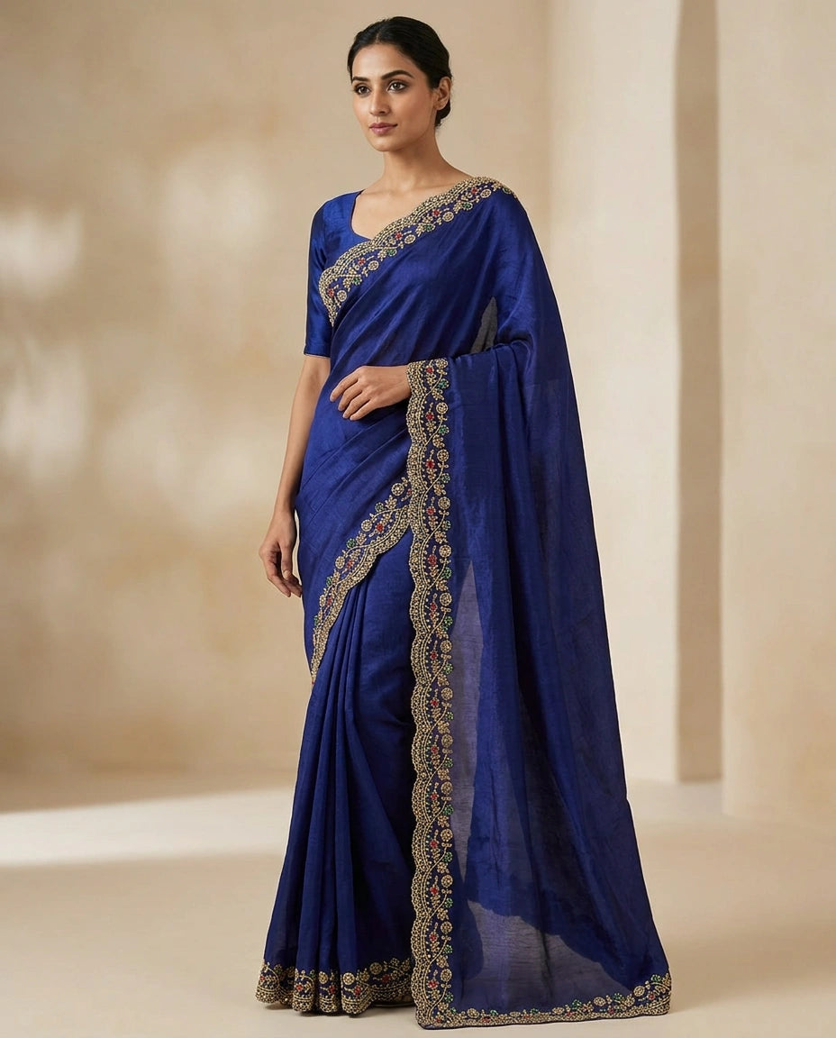 Purple Satin Saree with Floral Resham Thread Embroidery Border