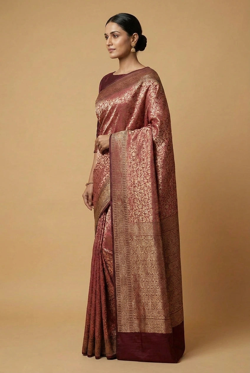 Silk Katan Banarasi Saree with Firozi and Rani Colors