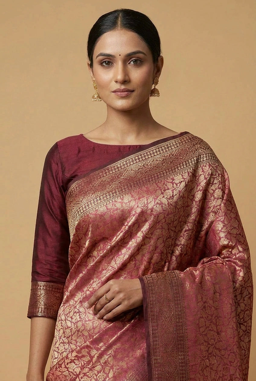 Silk Katan Banarasi Saree with Firozi and Rani Colors