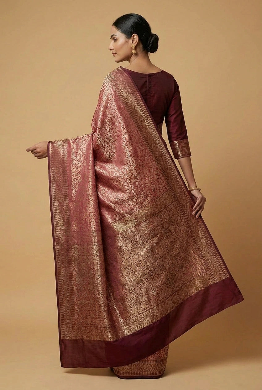 Silk Katan Banarasi Saree with Firozi and Rani Colors
