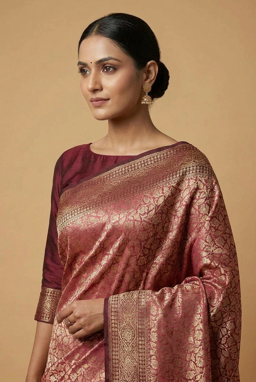 Silk Katan Banarasi Saree with Firozi and Rani Colors