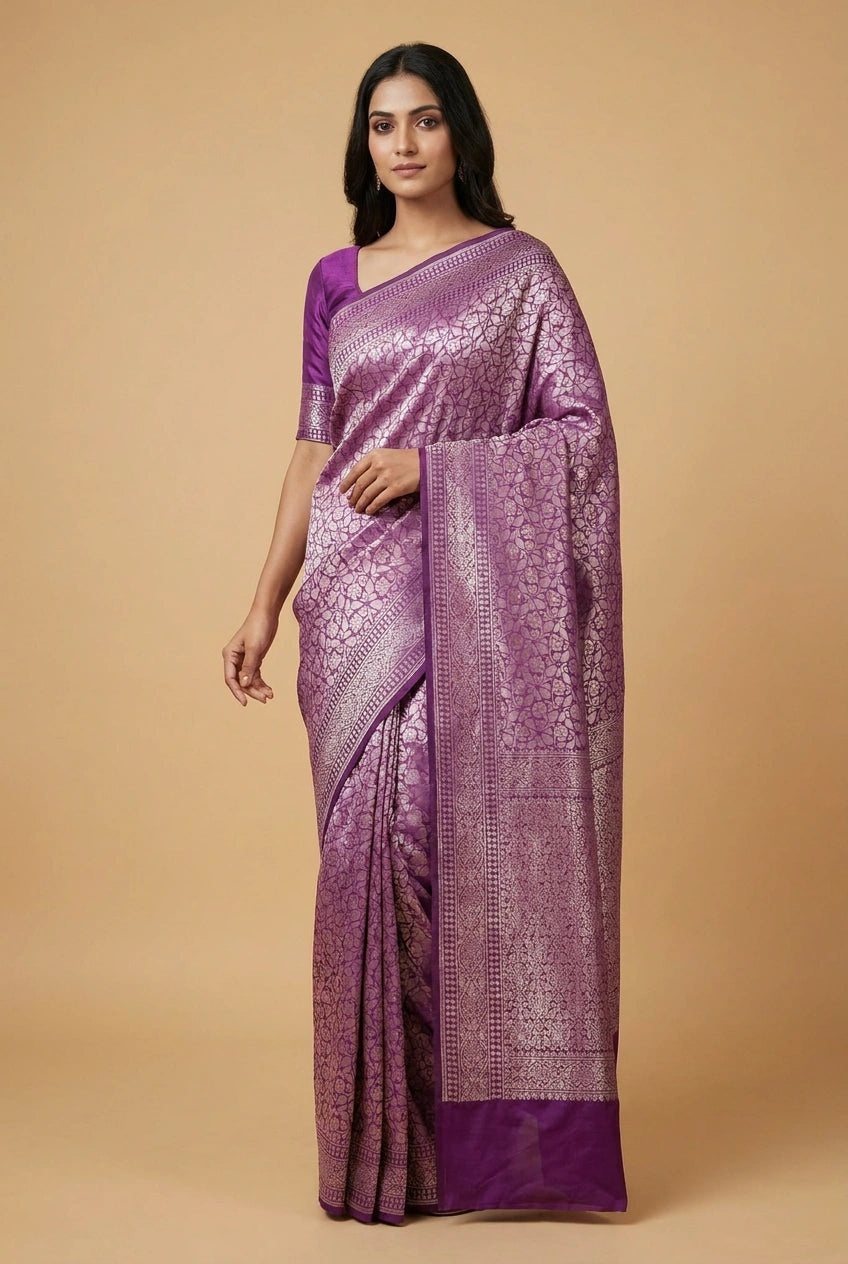 Silk Katan Banarasi Saree with Firozi and Rani Colors