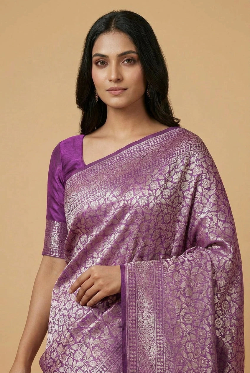 Silk Katan Banarasi Saree with Firozi and Rani Colors