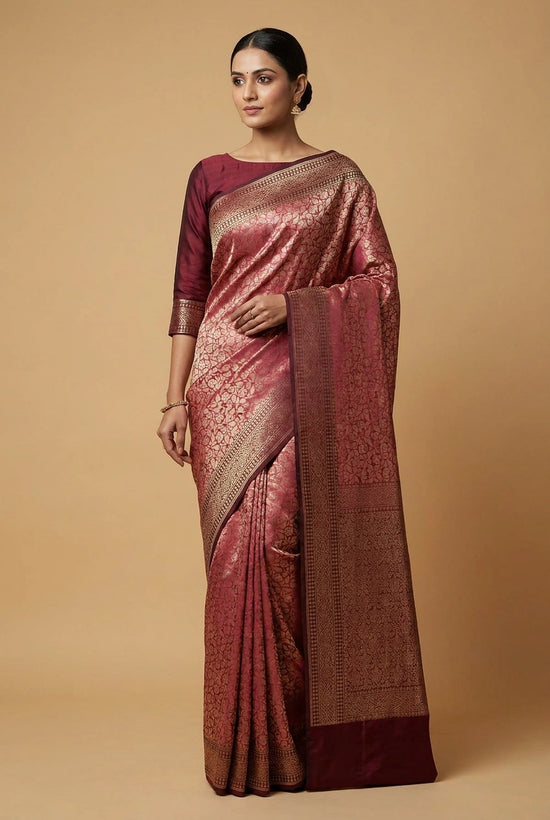 Silk Katan Banarasi Saree with Firozi and Rani Colors