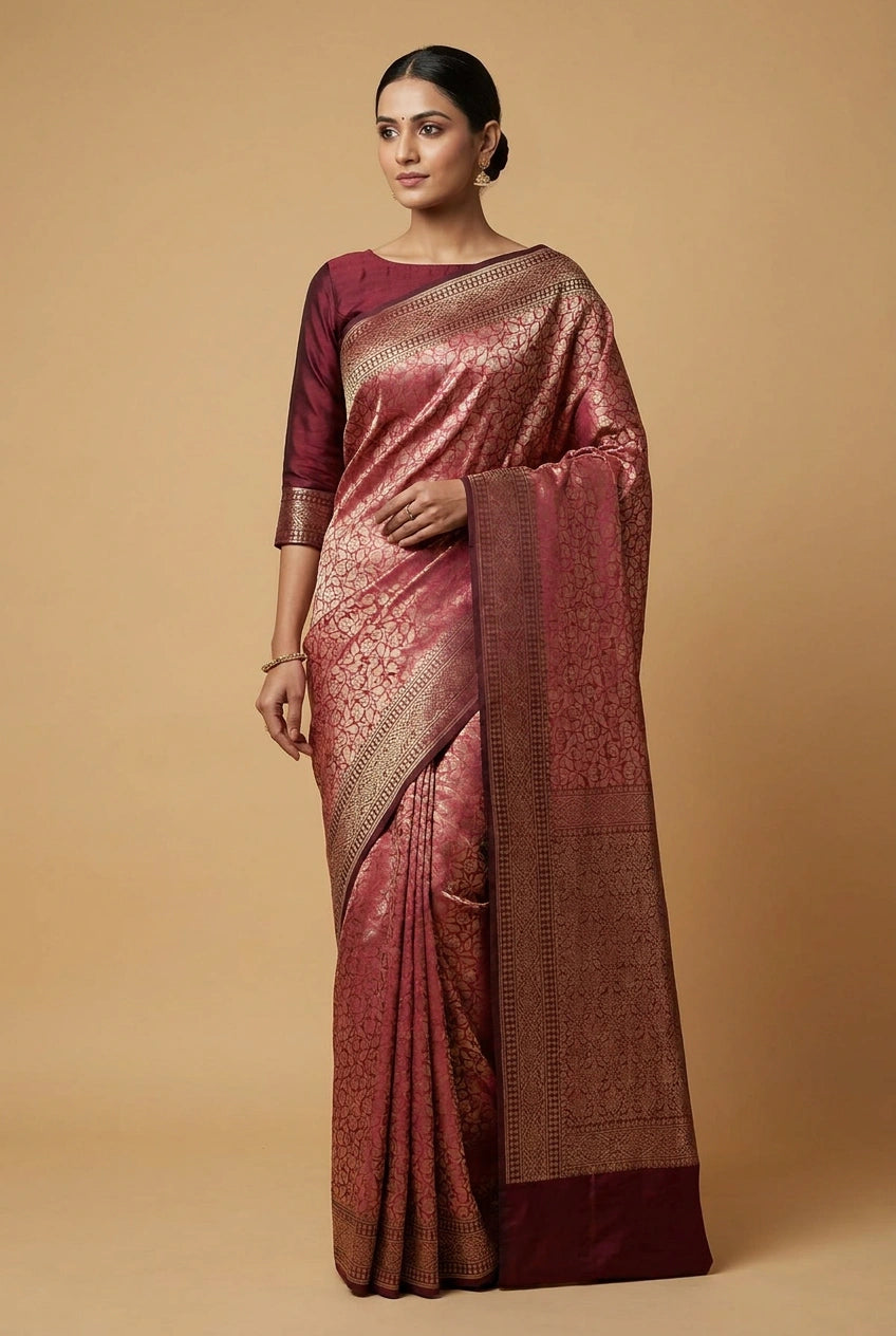 Silk Katan Banarasi Saree with Firozi and Rani Colors