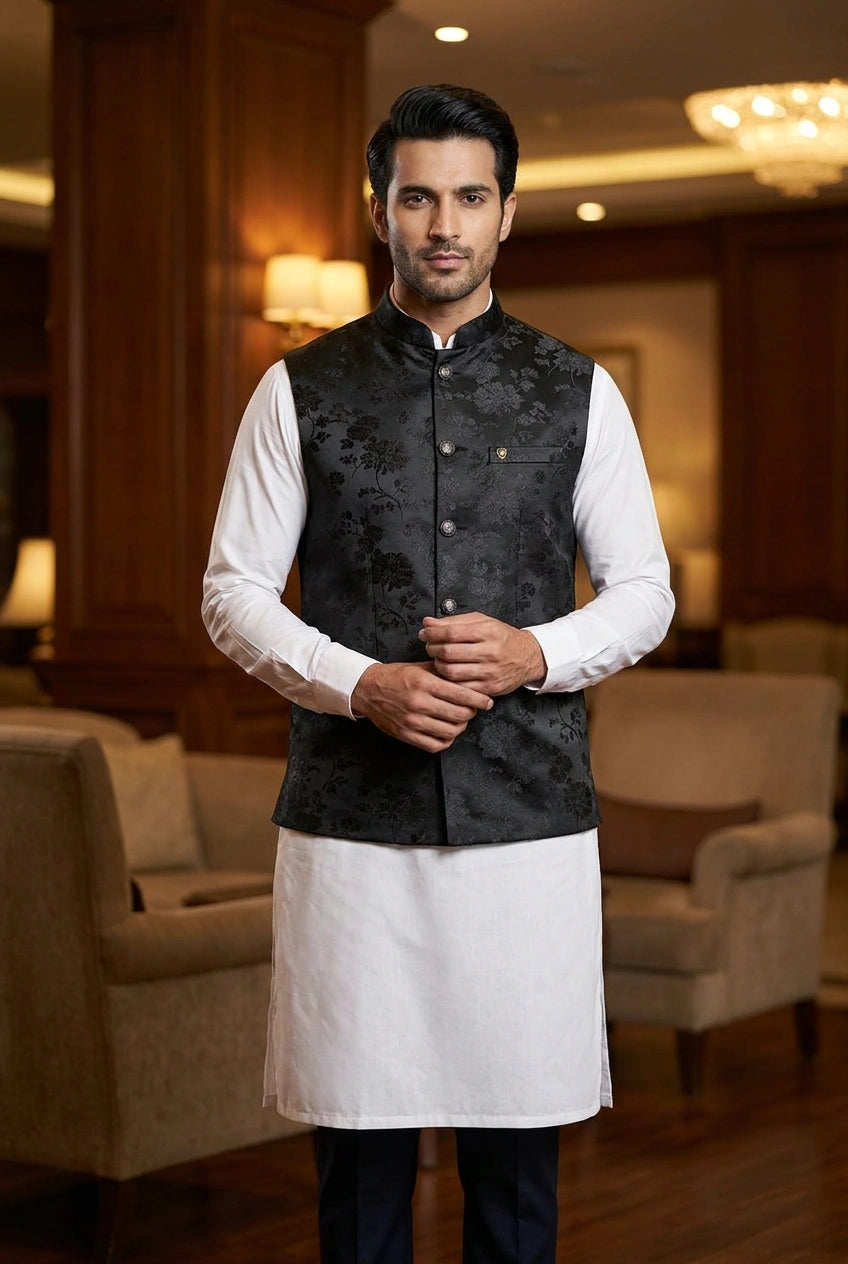 Silk Katan Nehru Jacket with Banarasi Weave for Reception Day