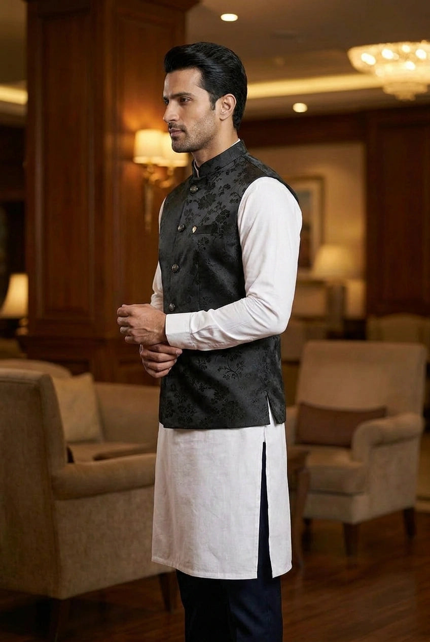 Silk Katan Nehru Jacket with Banarasi Weave for Reception Day