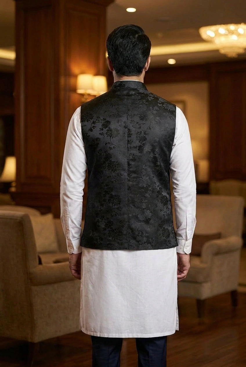 Silk Katan Nehru Jacket with Banarasi Weave for Reception Day