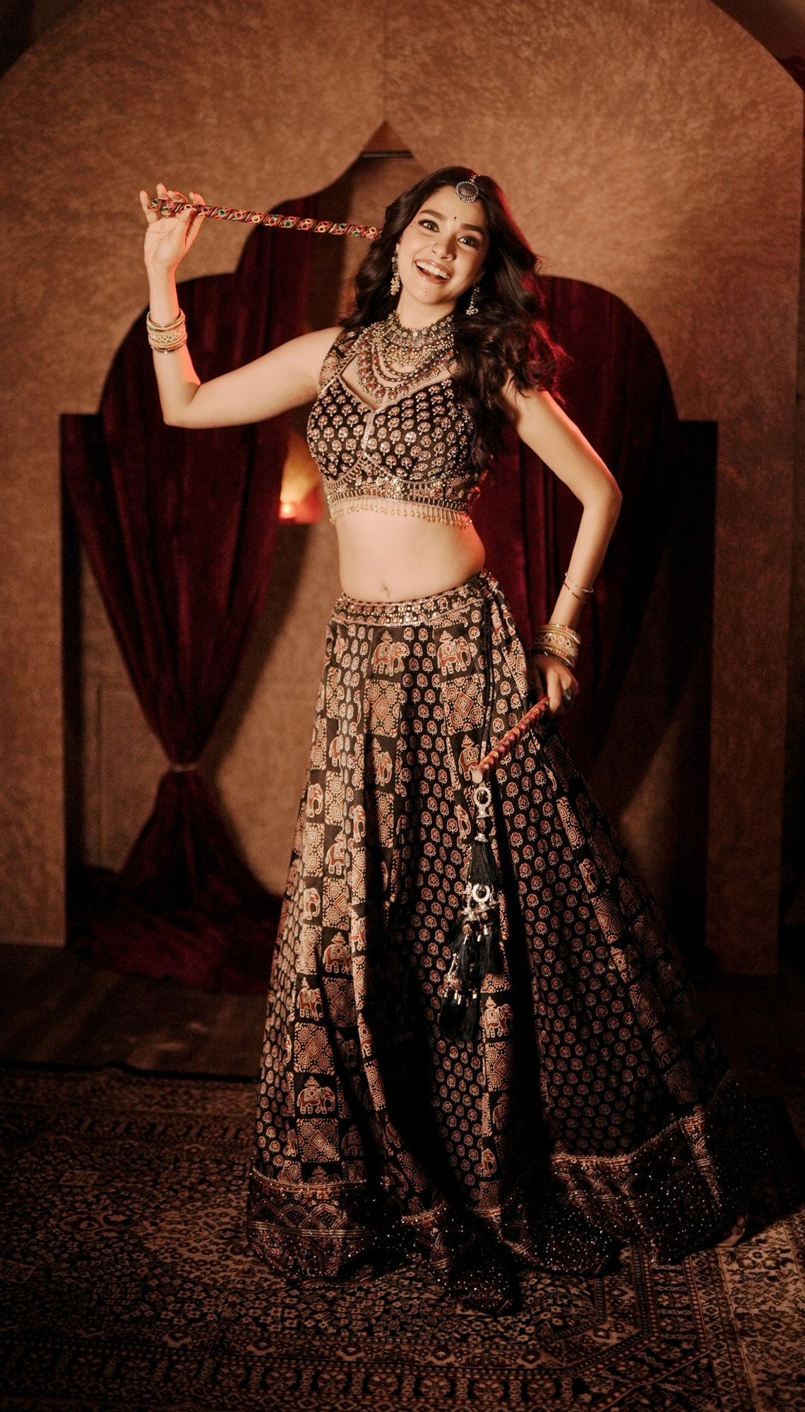 Black Ajrak print crop-top lehenga, full length front