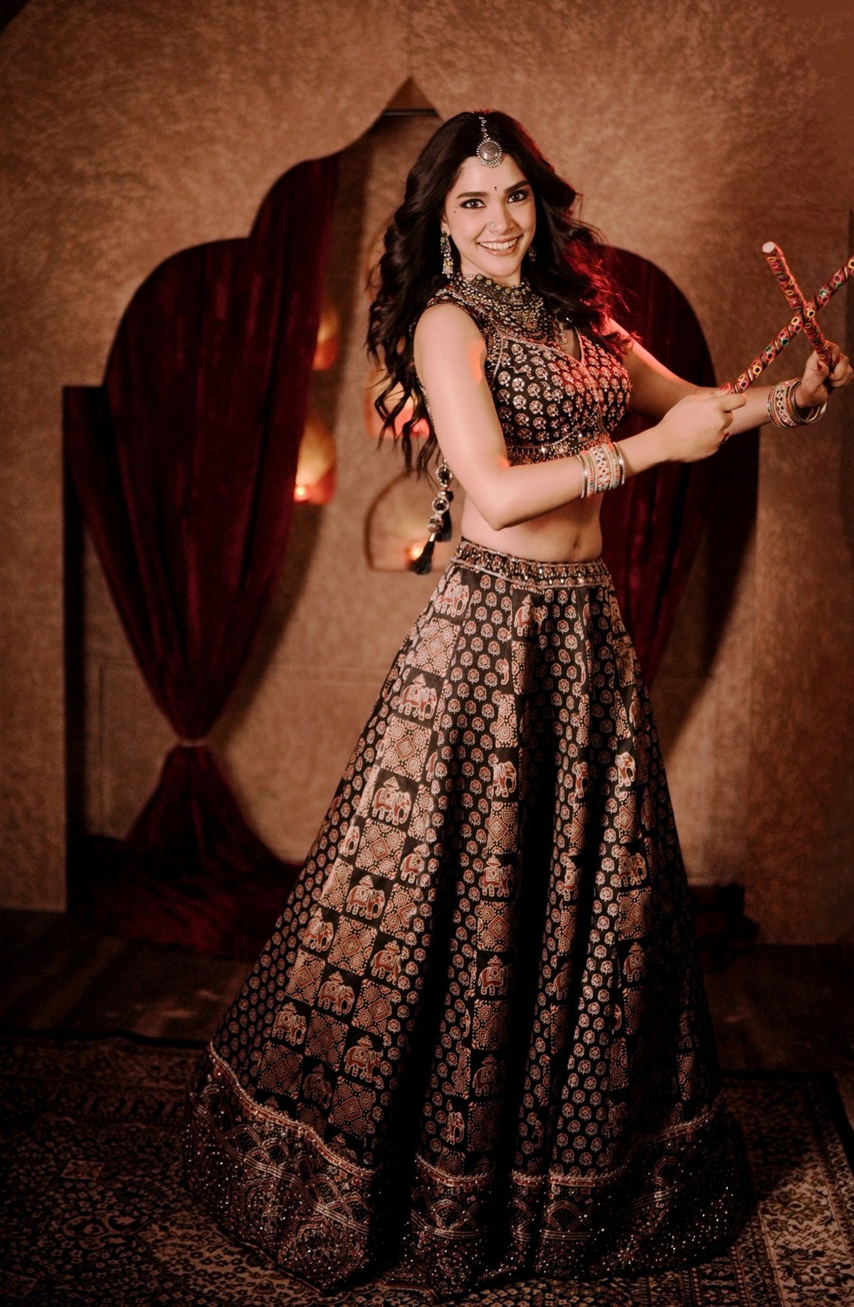 Black Ajrak print crop-top lehenga, flared skirt
