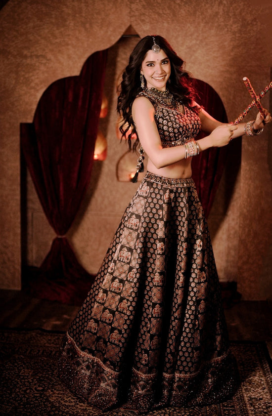 Black Ajrak print crop-top lehenga, flared skirt