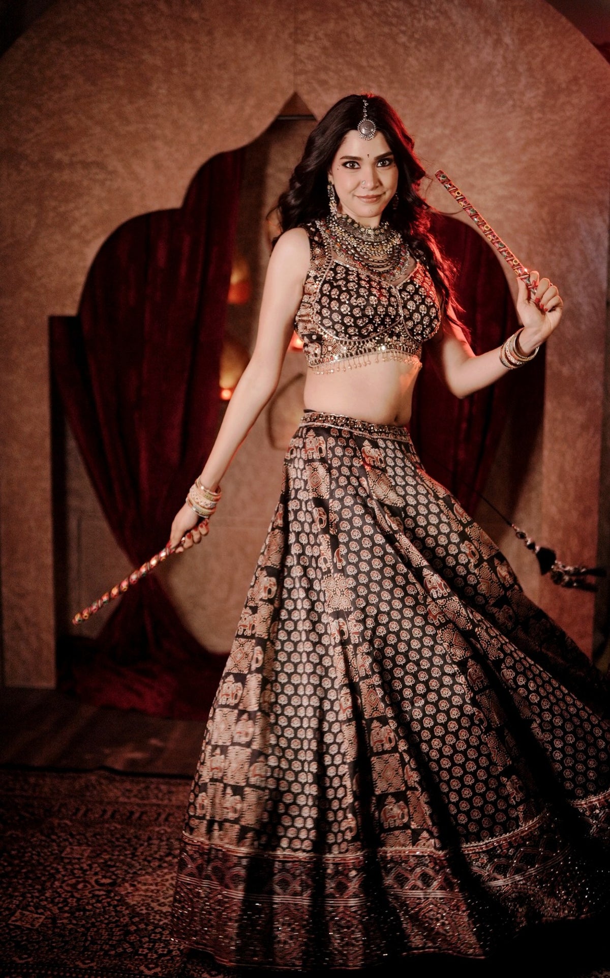 Black Ajrak print crop-top lehenga in motion