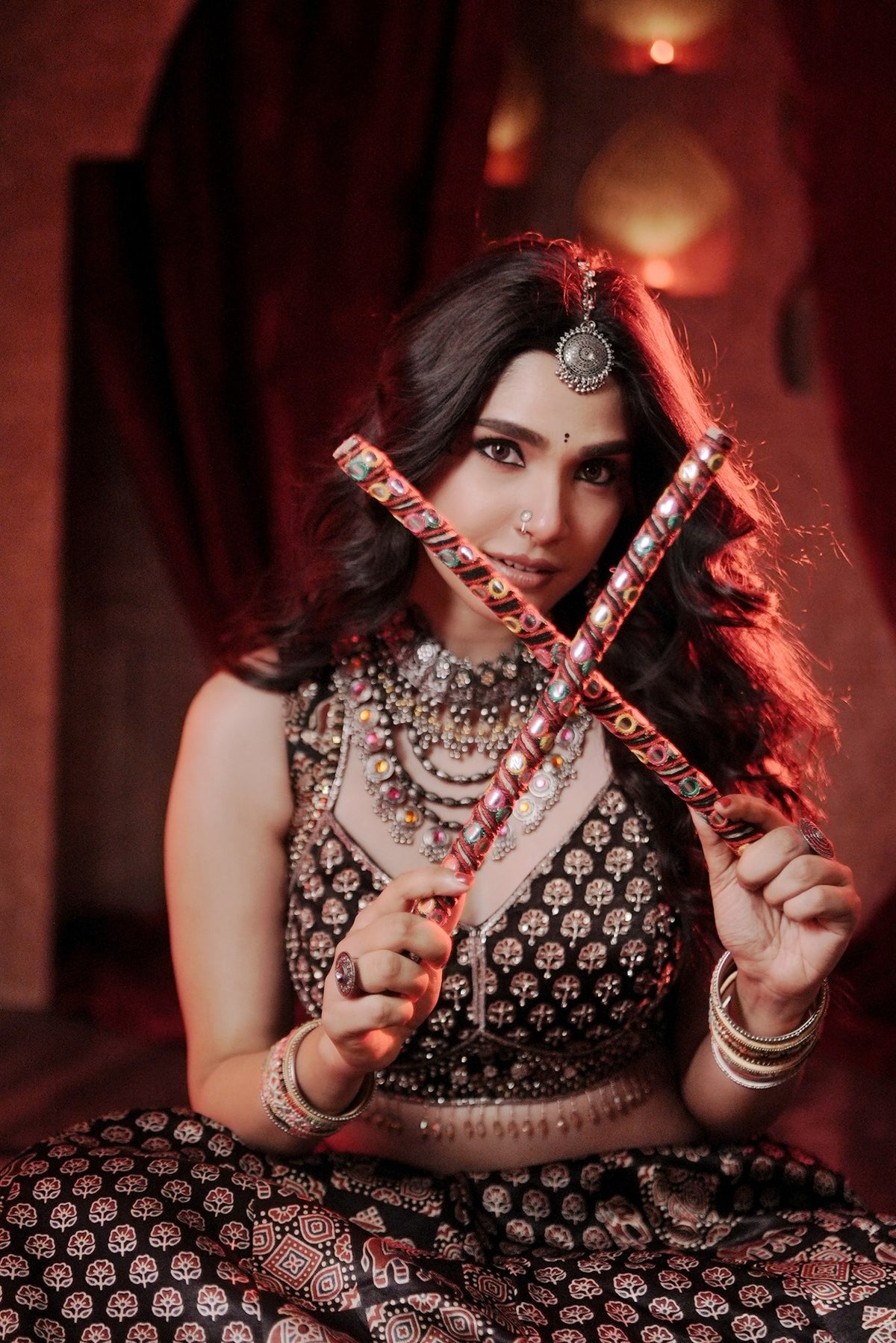 Black Ajrak print crop top, close-up