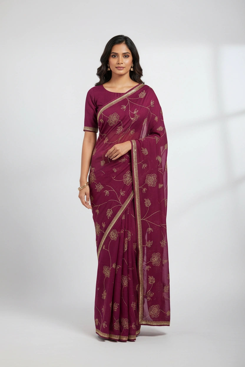 Embroidered Sattan Wrinkle Saree With Border - satin; silk Indian ethnic wear by Rangoli