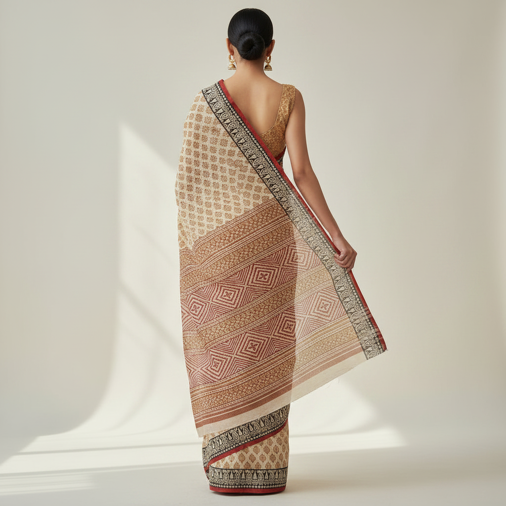 Everyday Cotton Printed Saree – Beige Mustard