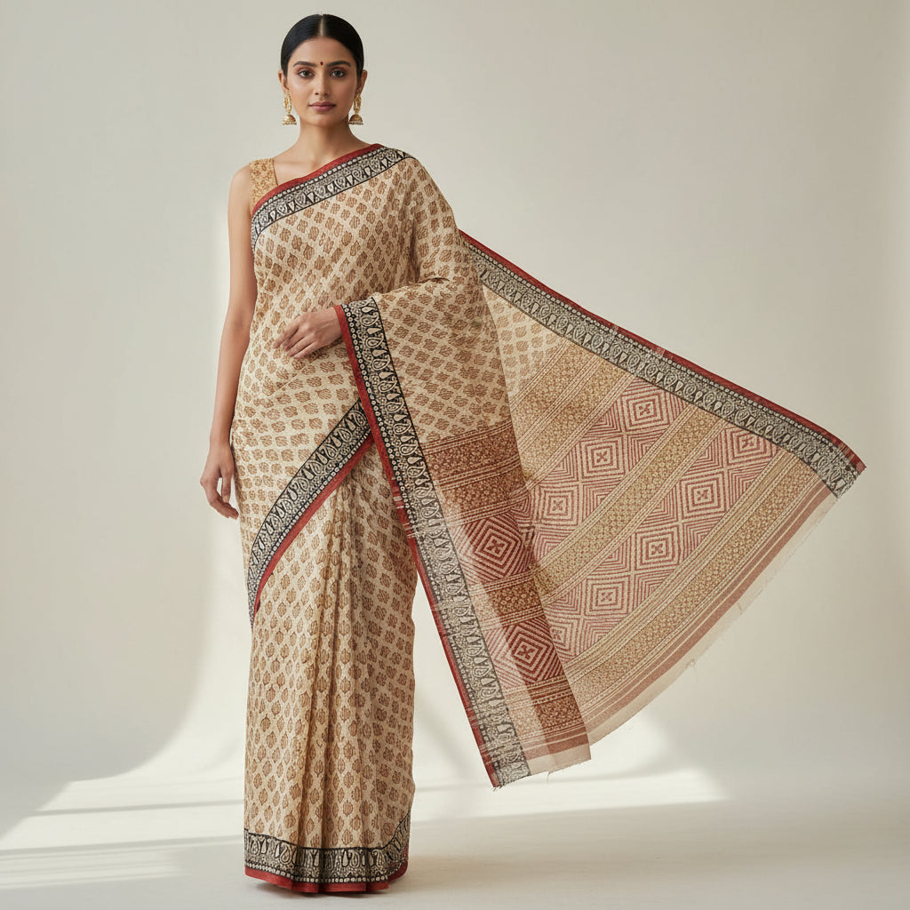 Woman wearing a beige saree with red and black patterns on a plain background