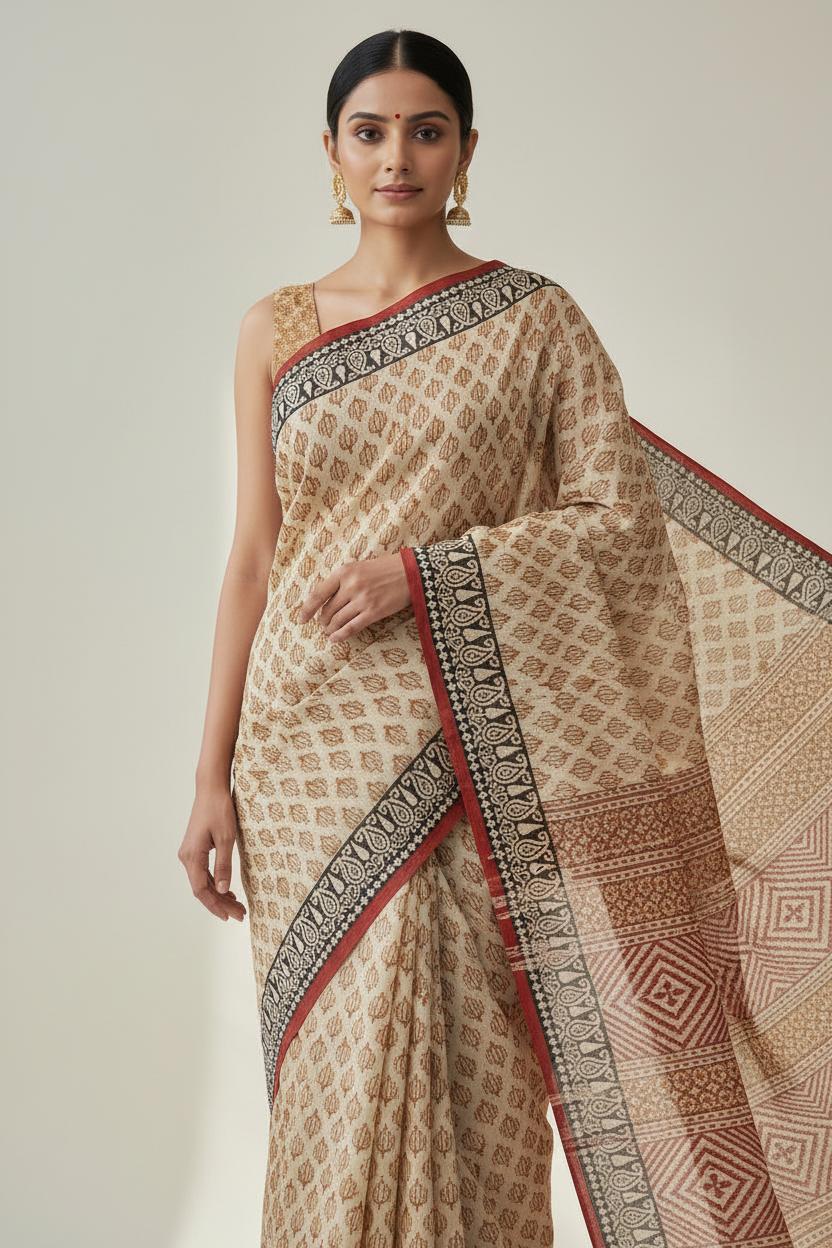 Everyday Cotton Printed Saree – Beige Mustard