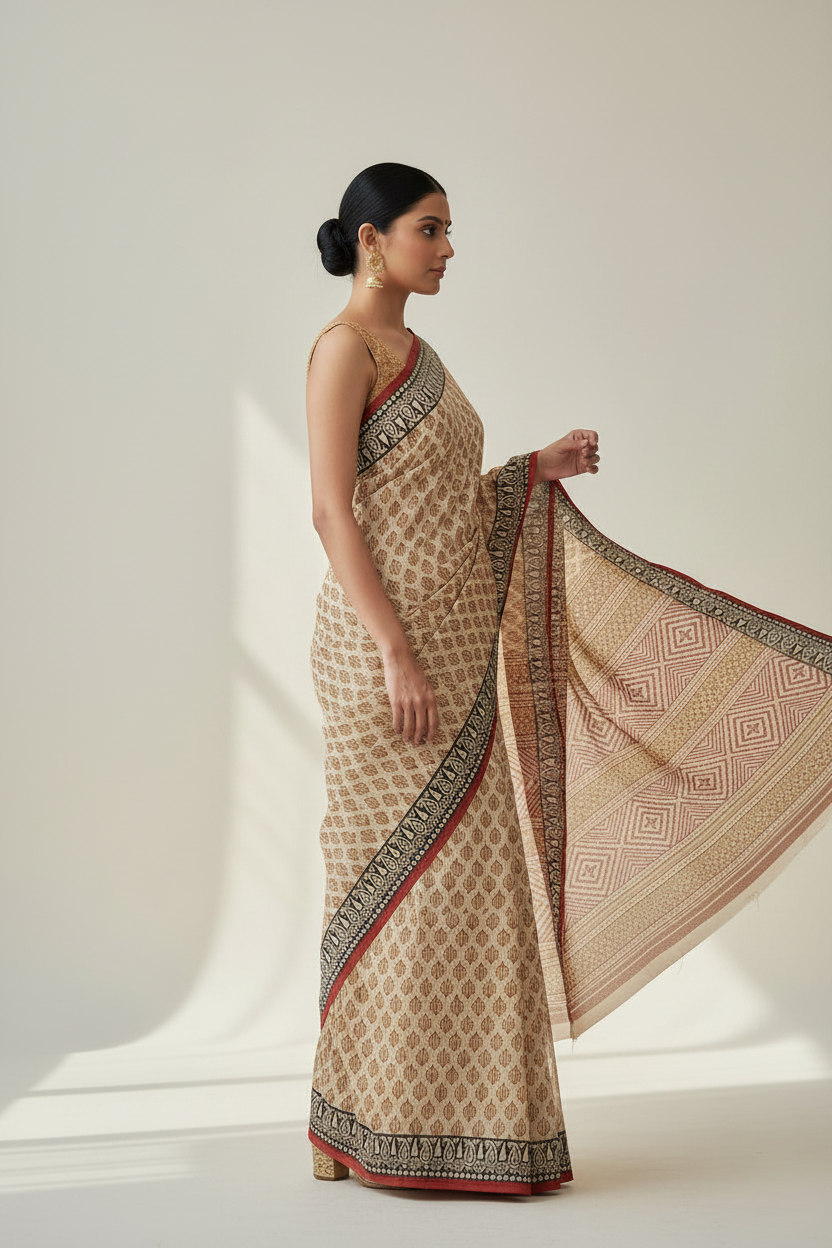 Everyday Cotton Printed Saree – Beige Mustard