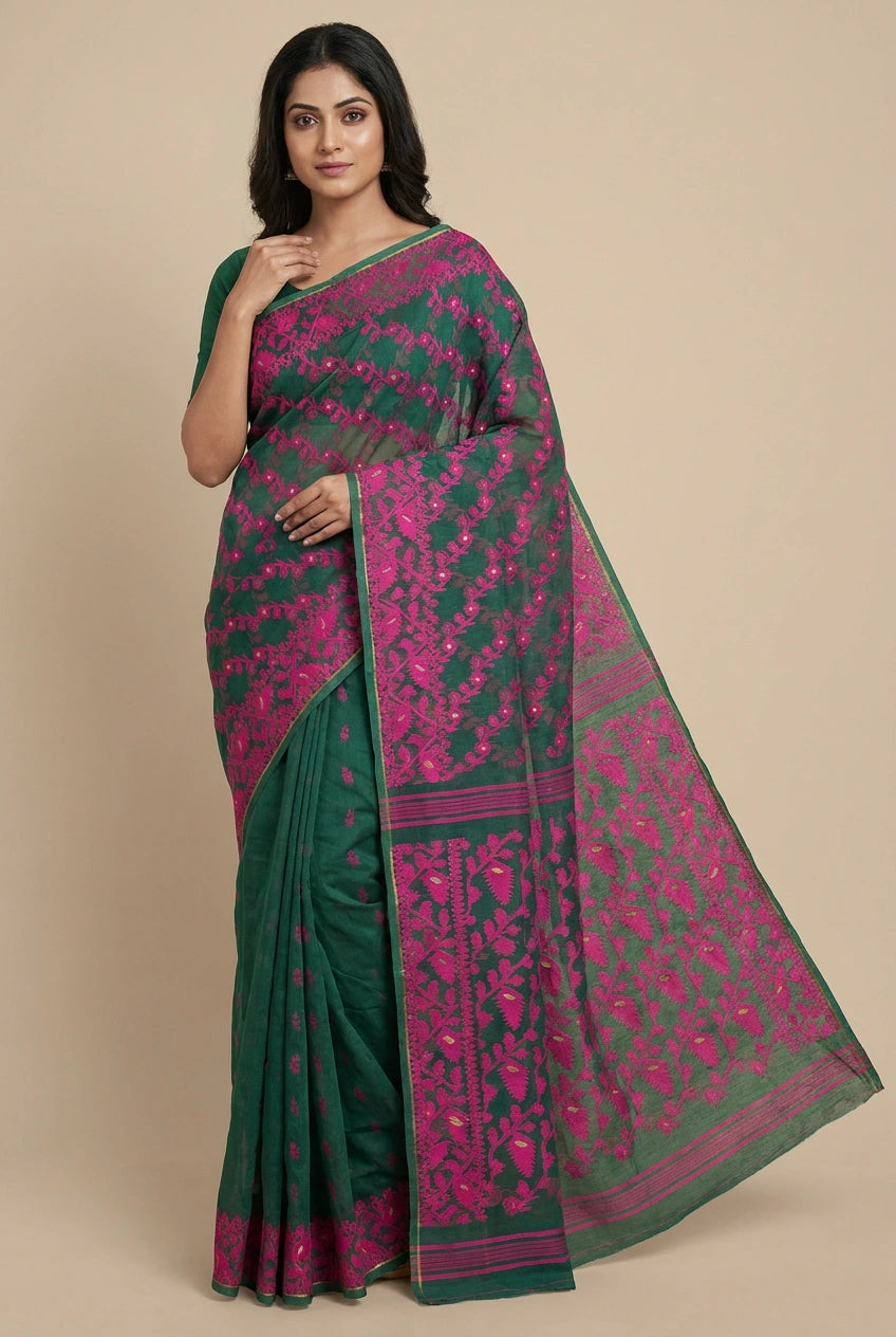 Woman wearing a green and pink saree against a beige background