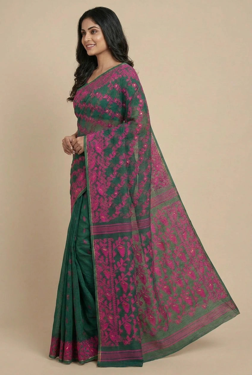 Woman wearing a green and pink saree on a beige background