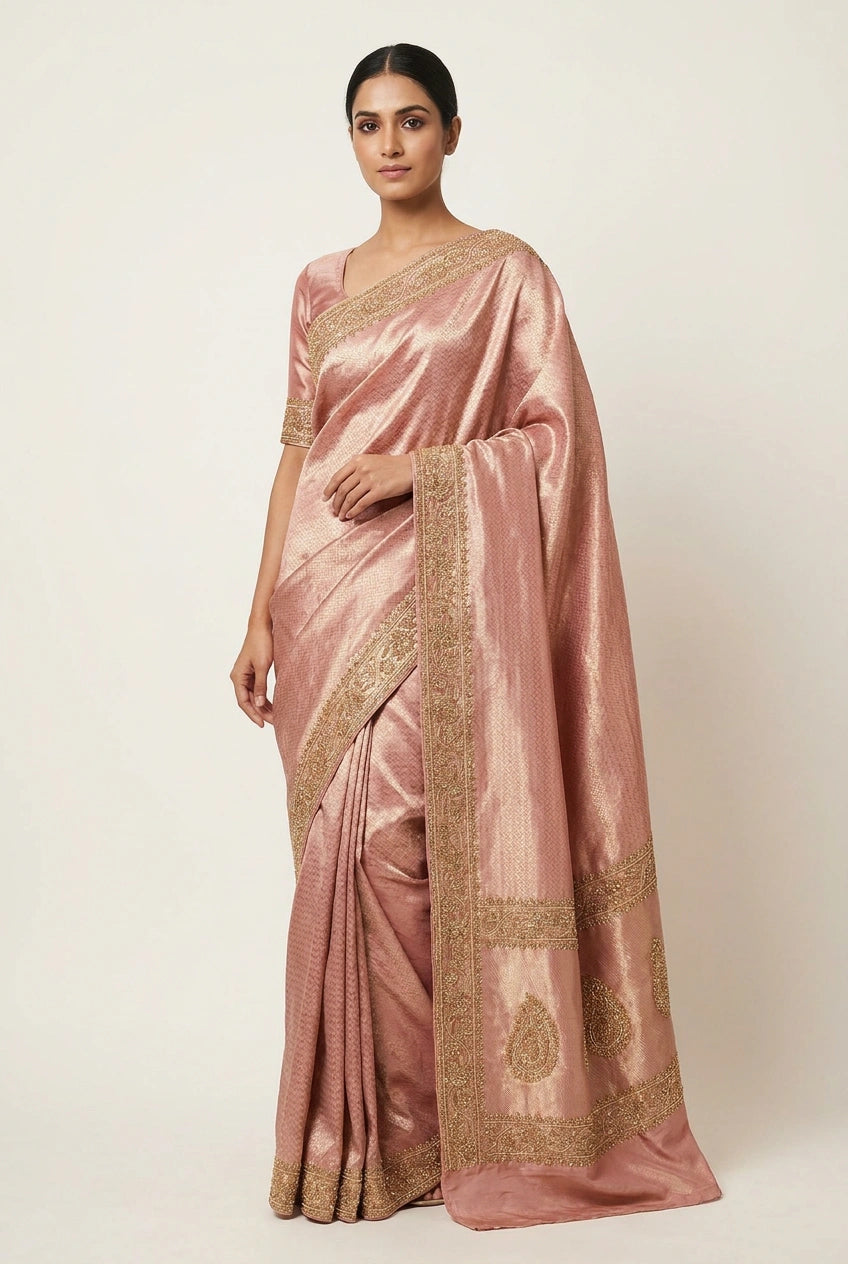 Woman wearing a pink saree with gold border on a white background