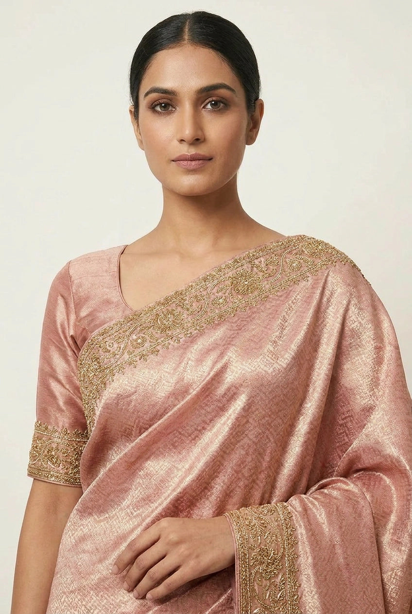 Woman wearing a pink saree with gold border on a plain background