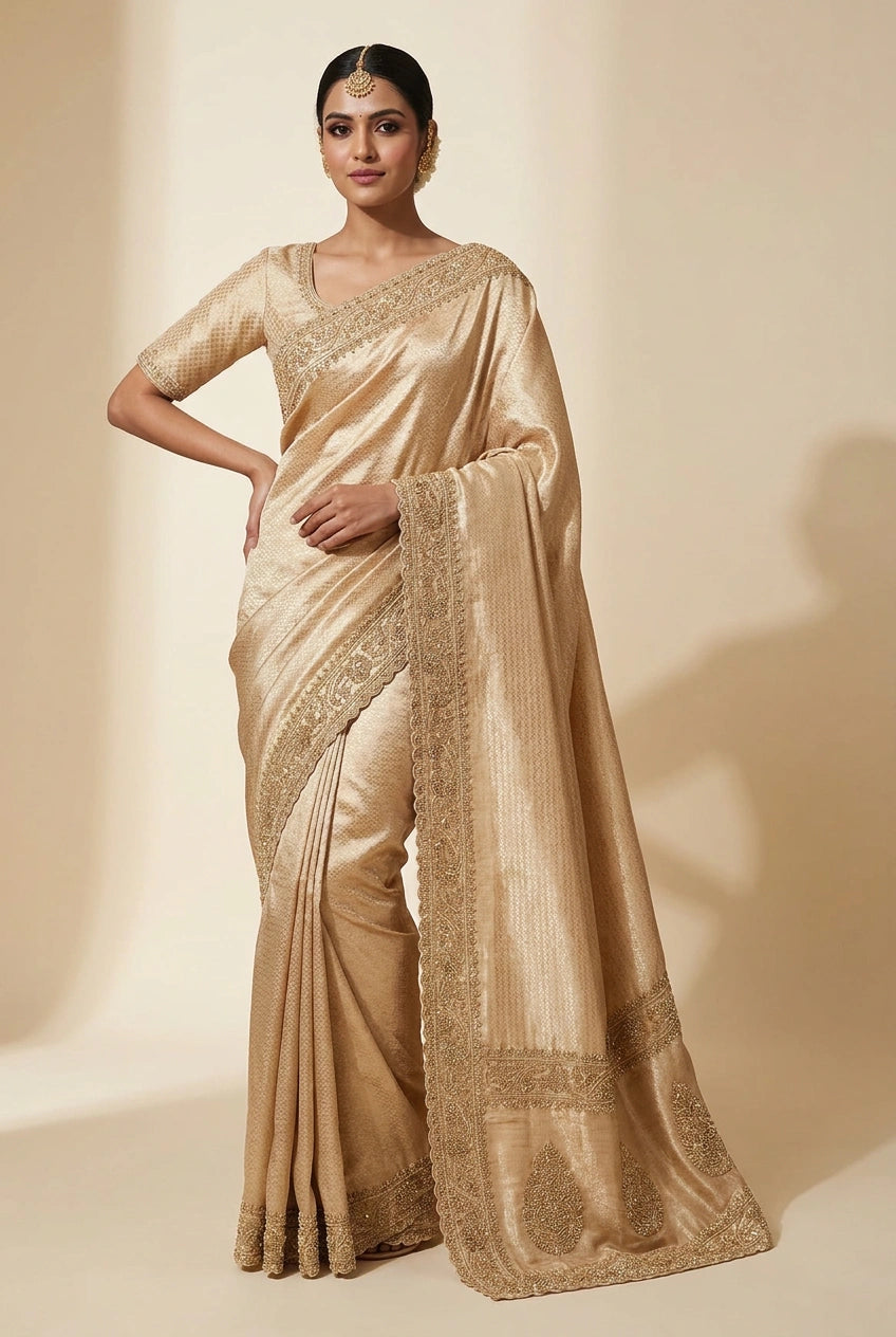 Woman wearing a beige saree with intricate patterns on a beige background