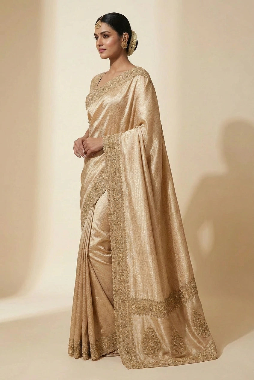 Woman wearing a gold saree with a plain background