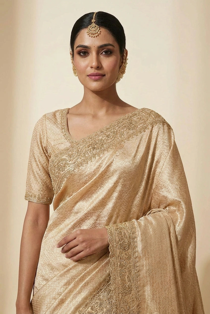 Woman wearing a gold saree with intricate designs on a beige background