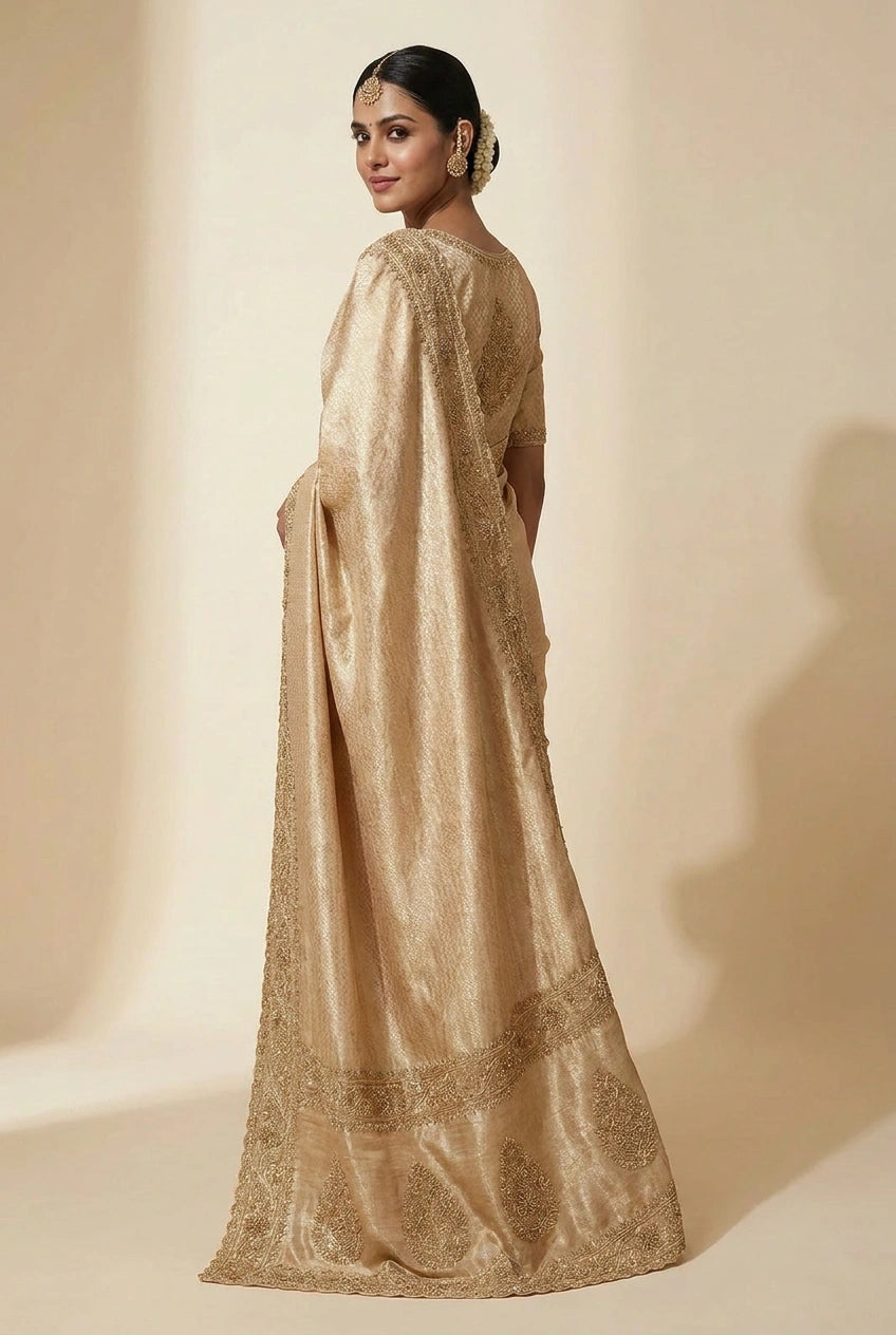 Woman wearing a gold embroidered traditional outfit against a beige background