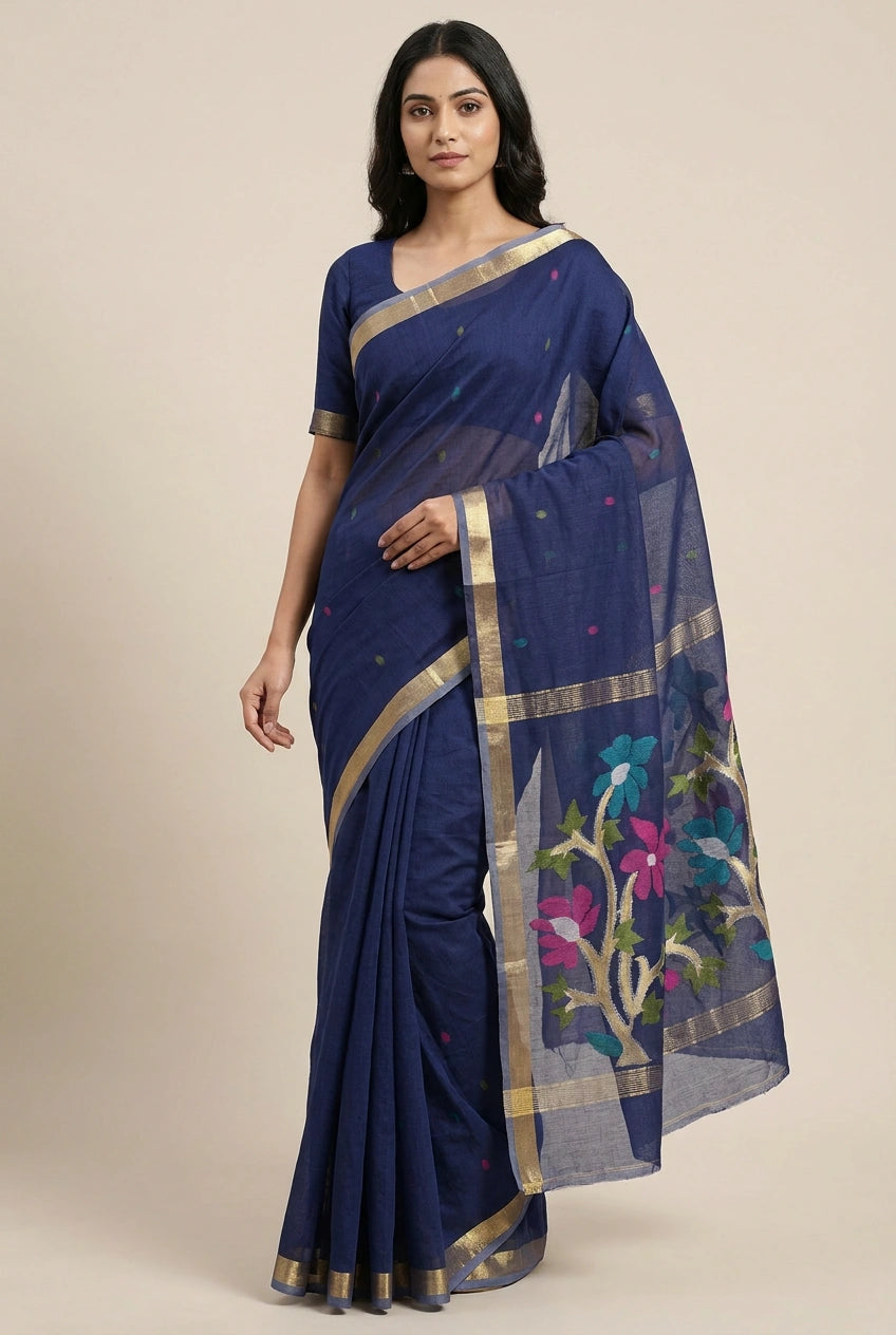 Woman wearing a navy blue saree with floral patterns on a beige background