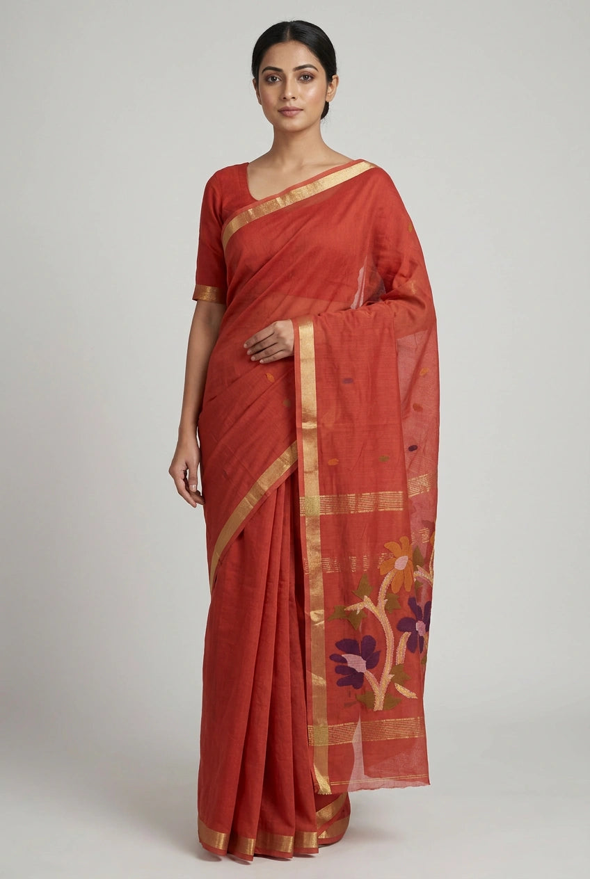 Woman wearing a red saree with gold border on a plain background