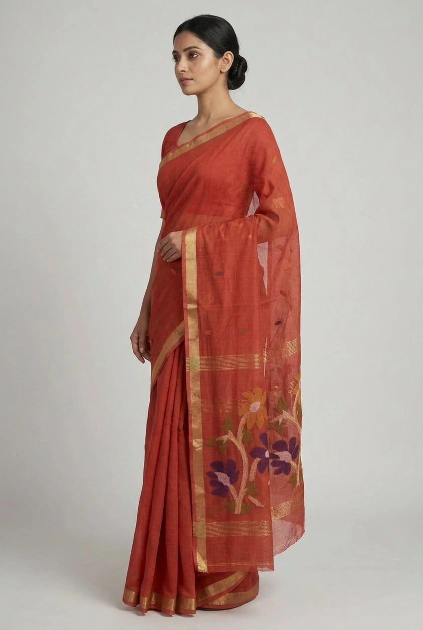 Woman wearing a rust-colored saree with floral patterns on a plain background